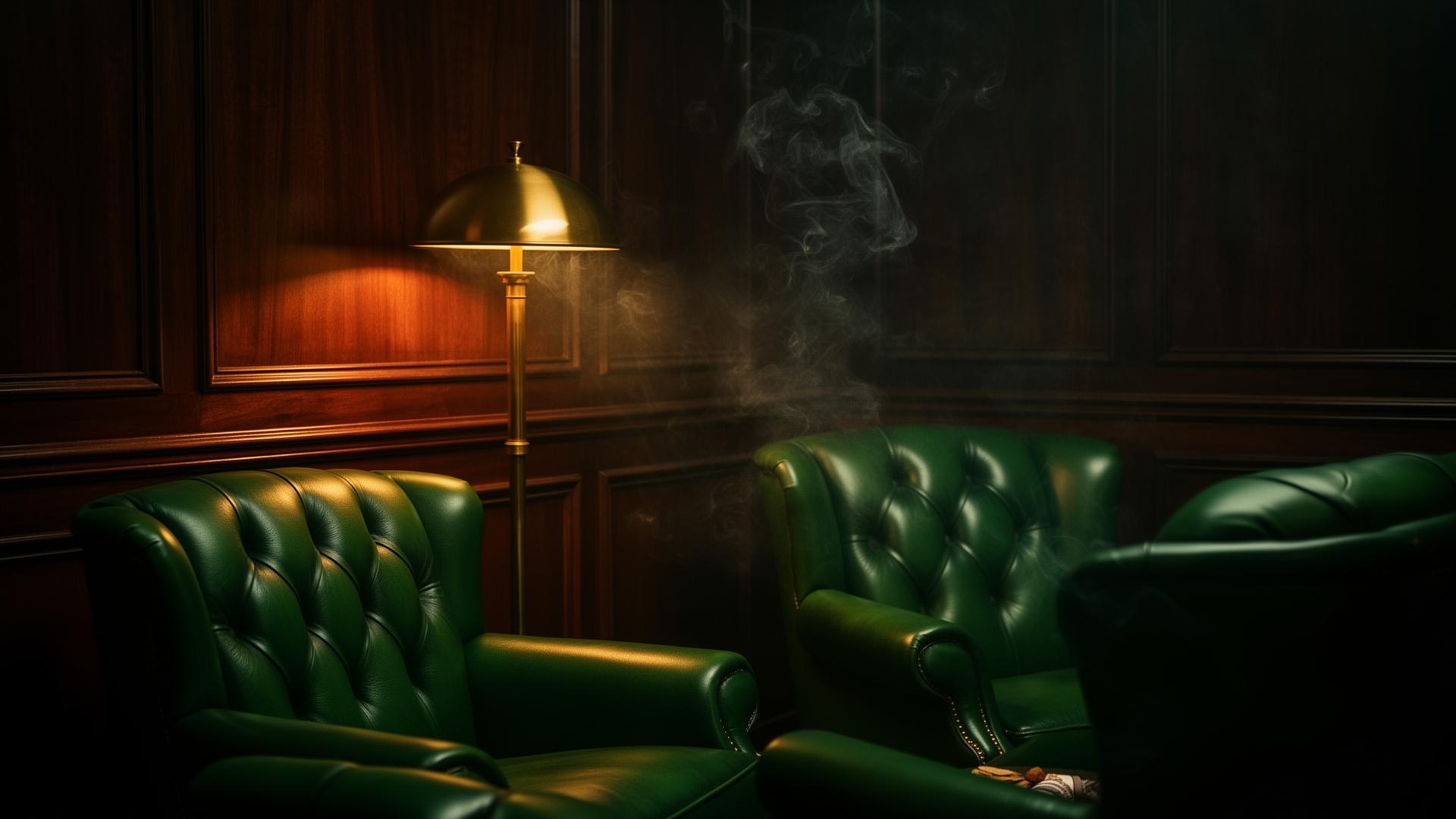 A dimly lit private cigar lounge with deep green leather chairs